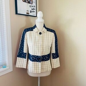 Carolina Herrera silk/wool windowpane & lace blazer jacket in ivory navy, Sz. 6